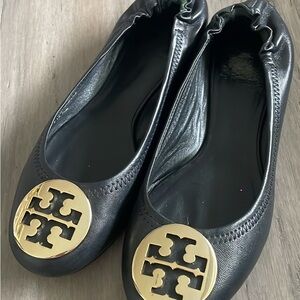 Tory Burch Black Leather Flats with Gold Logo